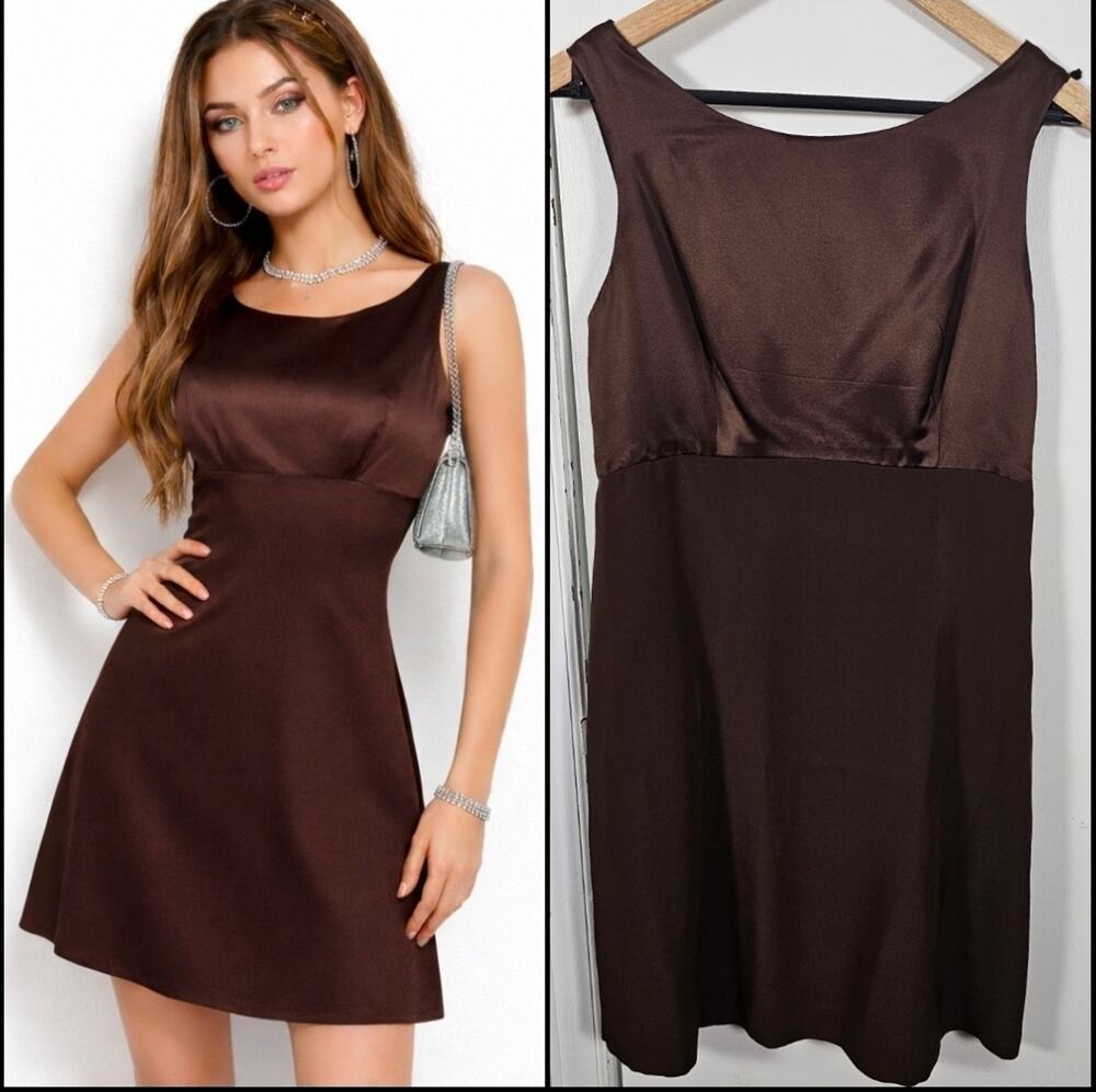 Chocolate Brown Silk Dress Sz 14P Cocktail Empire Waist Event Y2K Soft Alt Chic